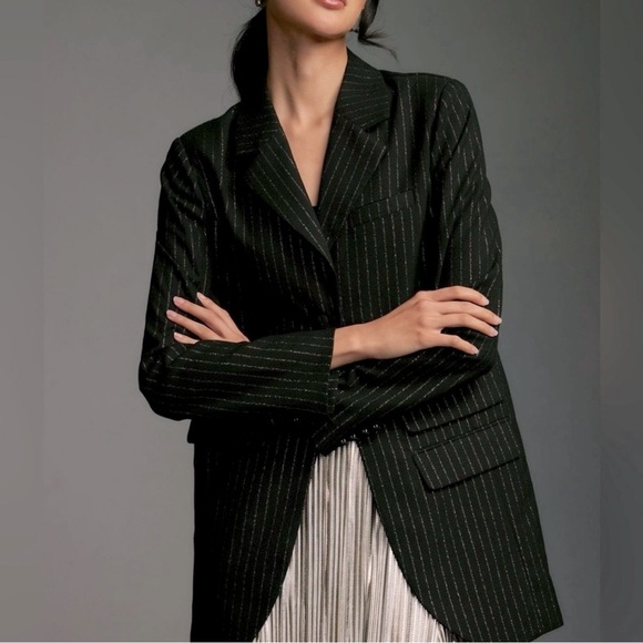 New Maeve Anthropologie black metálico pinstriped blazer xxsmall - Picture 1 of 5